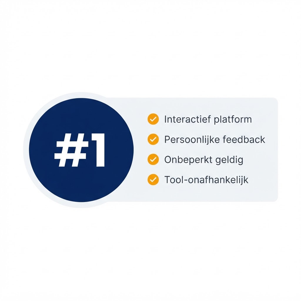 Opsomming van de voordelen van AI Fundament. Interactief platform. Persoonlijke feedback. Onbeperkt geldig. Tool-onafhankelijk
